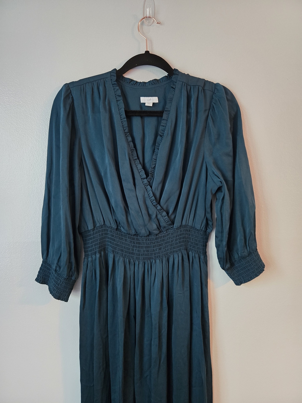 J. Jill Teal Green Ecovero Viscose Maxi Dress Smocked Faux Wrap Medium Petite - Picture 3 of 10
